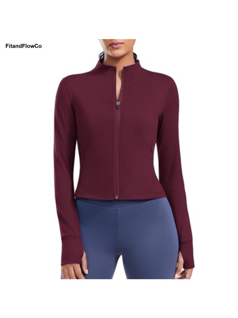 Cropped Full Zip Slim Fit Athletic Workout Jacket Thumb Holes